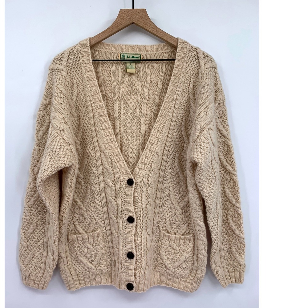 Vintage LL Bean Sweater Womens Large Cream Cable Knit Wool Button Cardigan Cozy
